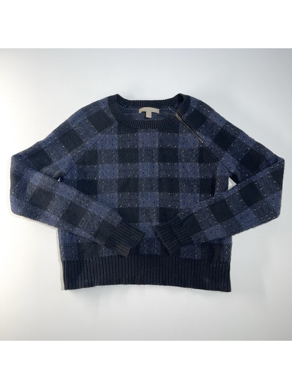 Banana Republic Womens Plaid Knit Sweater Blue Black Metallic Pullover Zip S